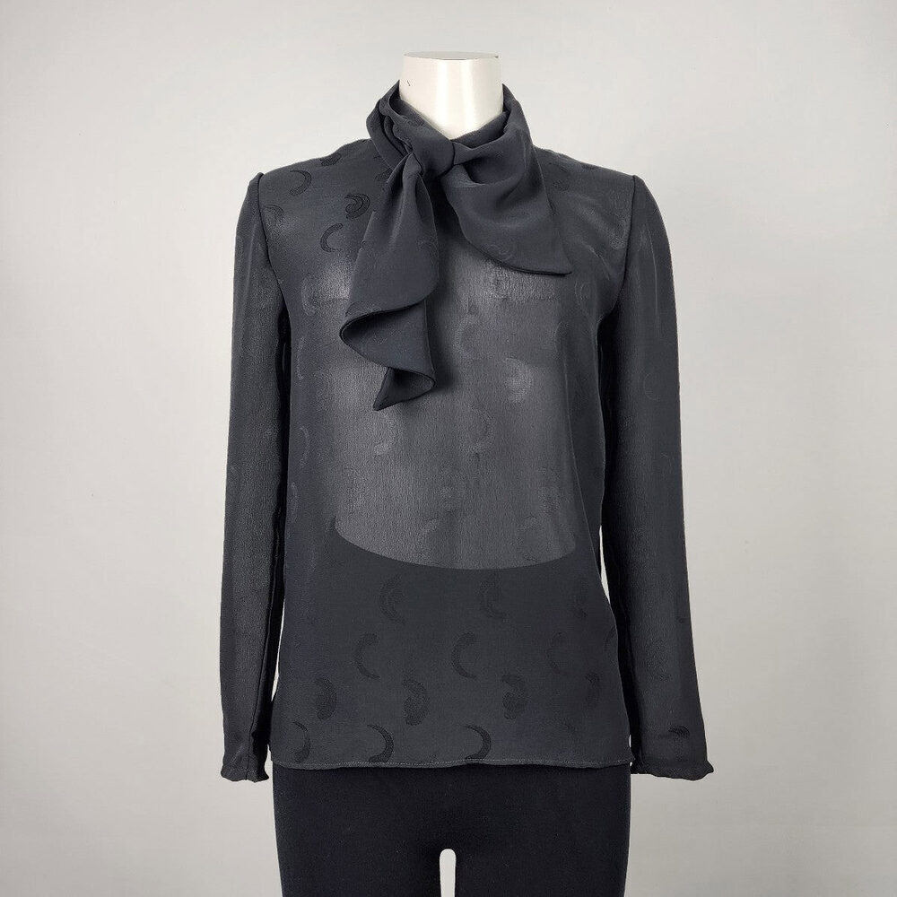 Vintage Black Sheer Neck Tie Back Buttoned Blouse Top Size S